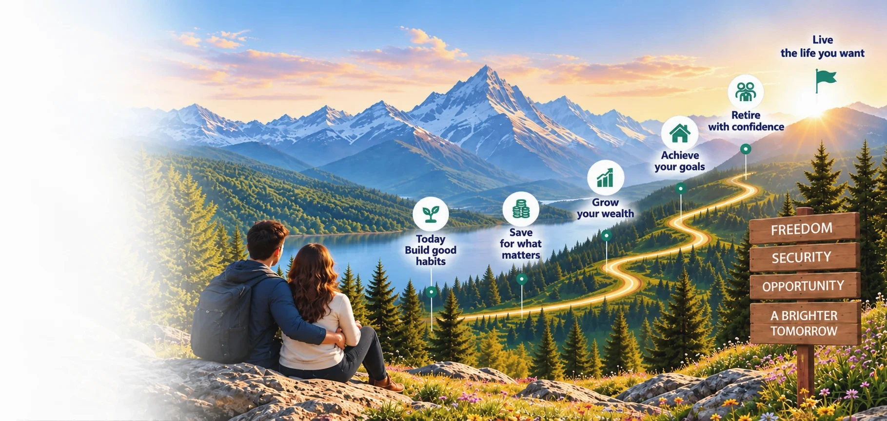 Illustration of a financial planning journey from saving and investing to achieving goals and retirement.